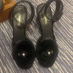 CHANEL Black Velvet Camellia Pearl Accent Heels